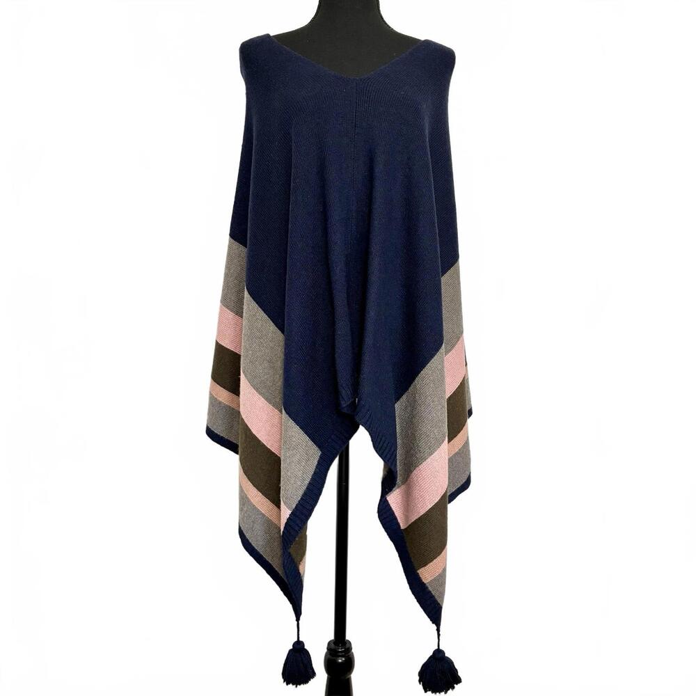 Ann Taylor Tassel Hem Colorblock Poncho Wrap Navy Pink Wool Blend One Size